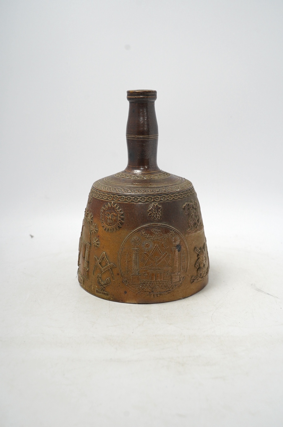 A mid 19th century Masonic stoneware mallet shaped bottle, 24cm high. Condition - good